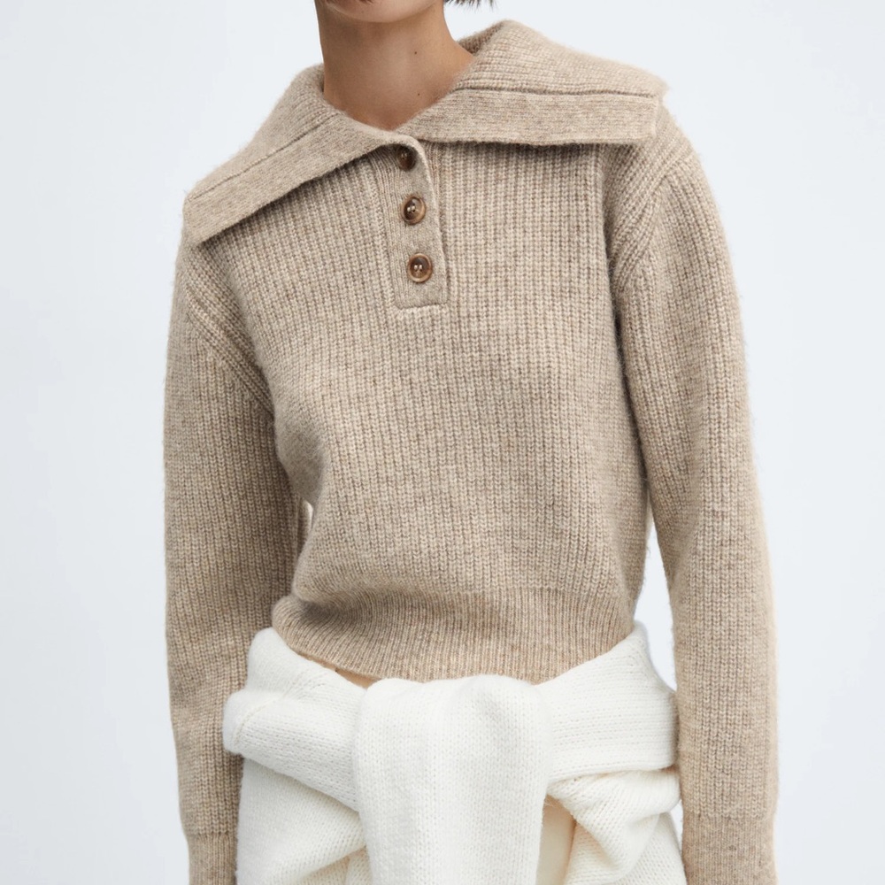 MANGO CAMP-COLLAR KNIT SWEATER | beige